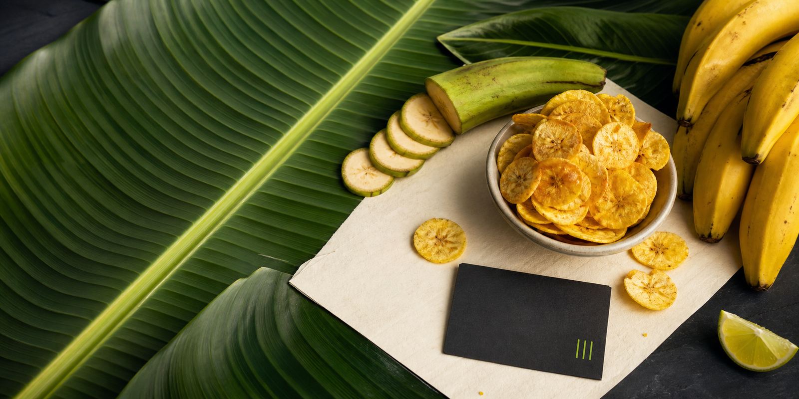 Banana leaves, fresh bananas and plantain chips styled for ESTADO